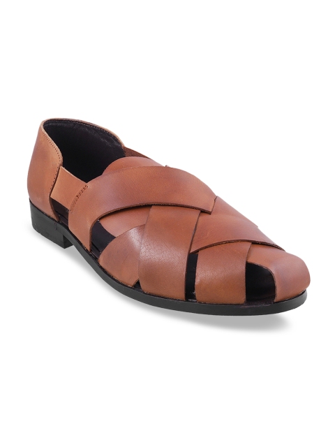 Metro Men Tan Brown Leather Shoe-Style Sandals