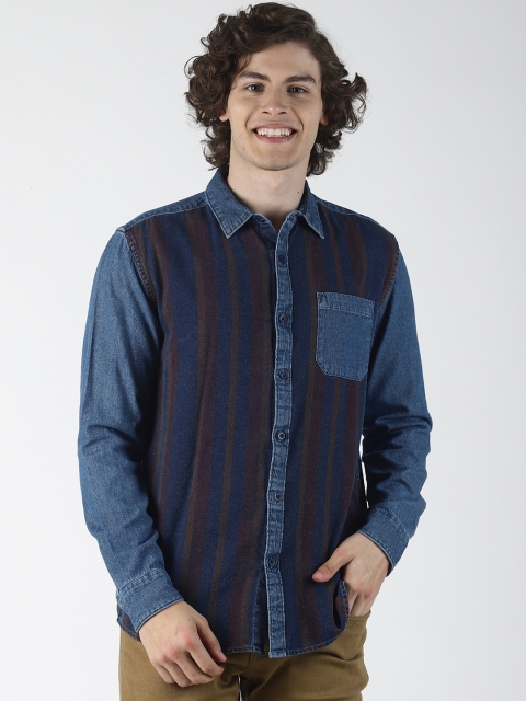 

Blue Saint Men Navy Blue & Brown Striped Slim Fit Casual Denim Shirt
