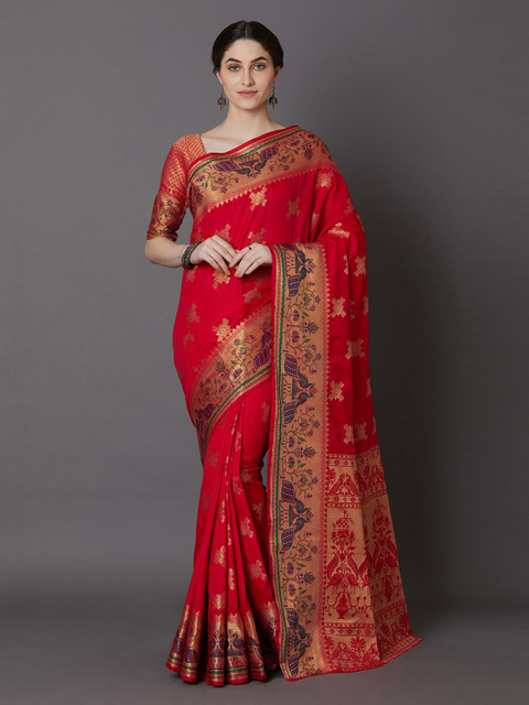 

Mitera Red & Gold-Toned Silk Blend Woven Design Banarasi Saree