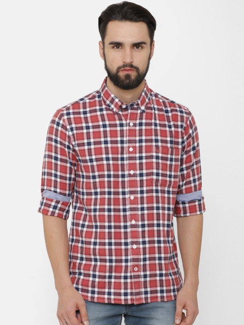 

Bar Harbour Men Coral Red & Navy Blue Slim Fit Checked Casual Shirt