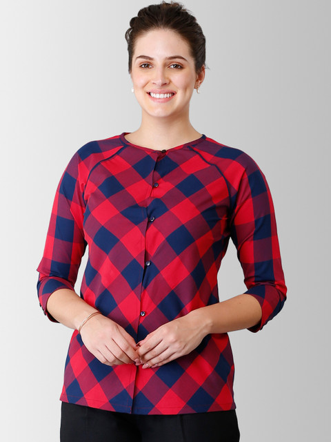 

FableStreet Women Red & Navy Blue Checked Shirt Style Pure Cotton Top