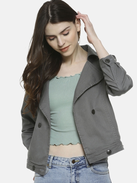 

Campus Sutra Women Grey Solid Windcheater Biker Jacket