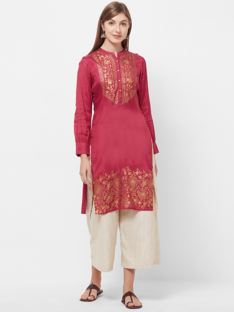 

Fusion Beats Women Pink & Gold-Coloured Yoke Design Straight Kurta