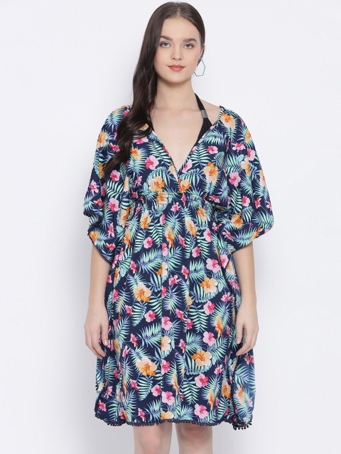

Oxolloxo Women Navy Blue & Green Printed Kaftan Cover-Up Dress W19500WBW003