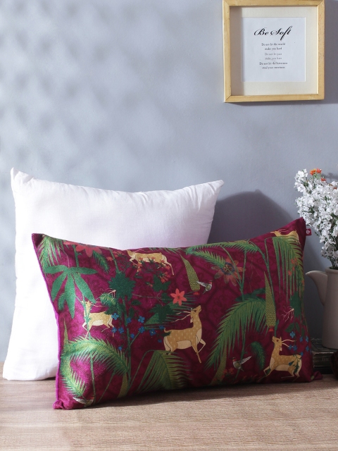 

India Circus by Krsnaa Mehta Magenta & Green Floral Rectangle Cushion Cover