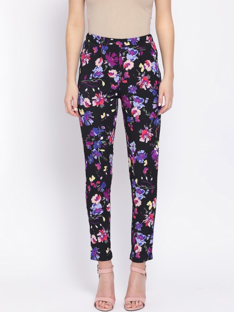 

Oxolloxo Women Black & Purple Regular Fit Floral Printed Regular Trousers