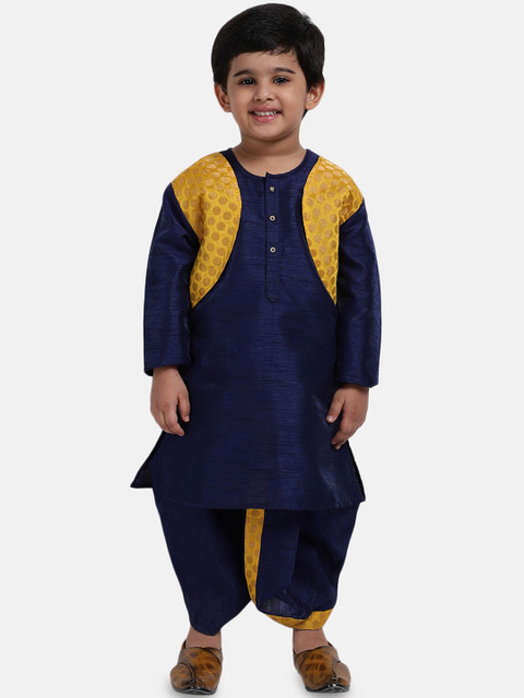 

BownBee Boys Navy Blue & Mustard Yellow Woven Design Jacquard Kurta Set