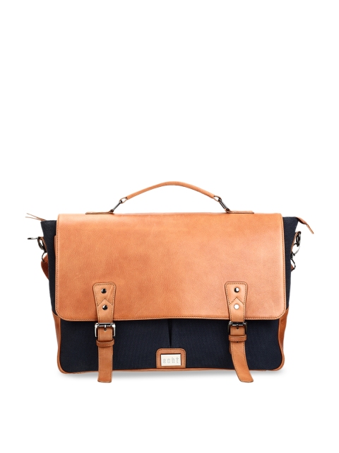 

echt Men Tan Brown & Navy Blue Solid Genuine Leather Laptop Bag