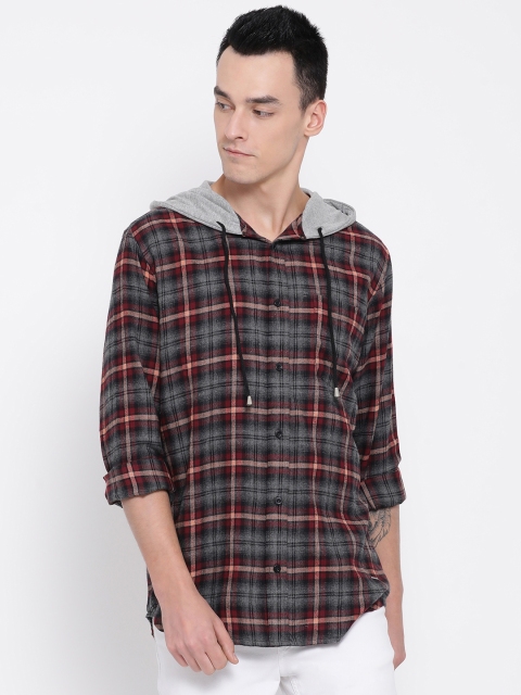 

Oxolloxo Men Grey & Maroon Regular Fit Checked Casual Hooded Shirt