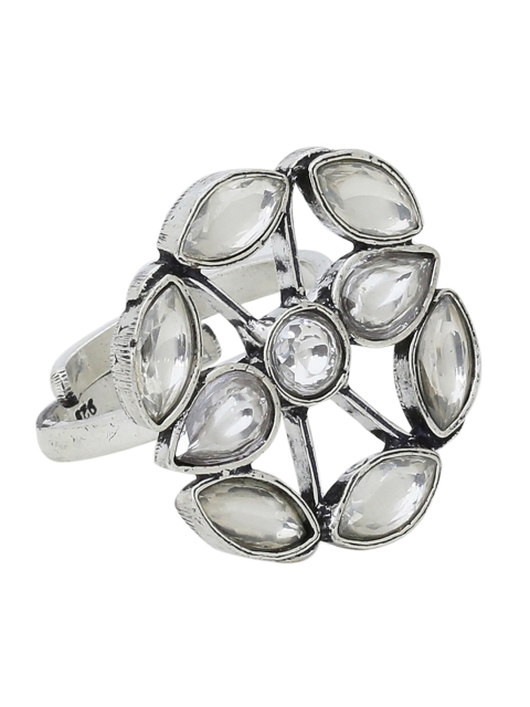 

Silvermerc Designs Oxidized Handcrafted Kundan-Studded Sterling Silver Adjustable Finger Ring