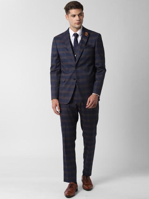 

Peter England Men Navy Blue & Brown Striped Single-Breasted Slim-Fit Formal Suit