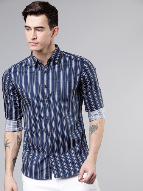 

Ecko Unltd Men Navy Blue & White Slim Fit Striped Casual Shirt