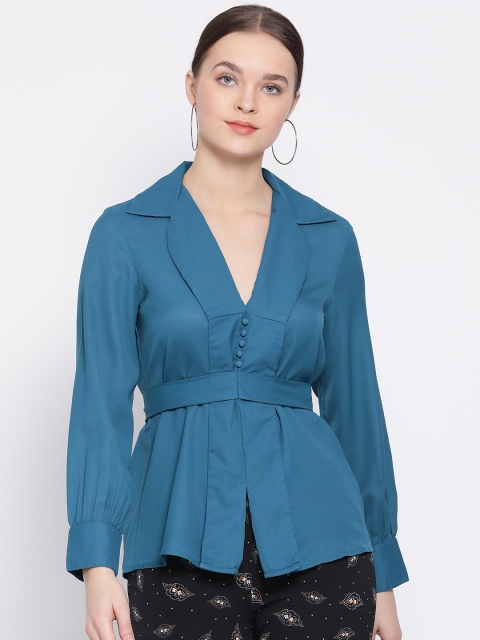 

Oxolloxo Women Teal Blue Solid Cinched Waist Top
