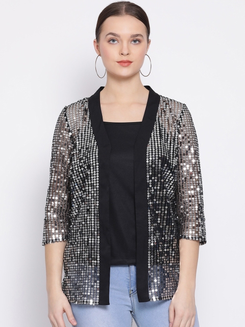 

Oxolloxo Women Black & Silver-Toned Embellished Tie-Up Shrug