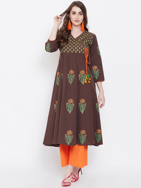 

Bitterlime Women Brown & Green Block Printed A-Line Angrakha Kurta