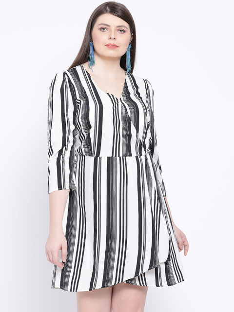 

Oxolloxo Women White & Black Striped Wrap Dress