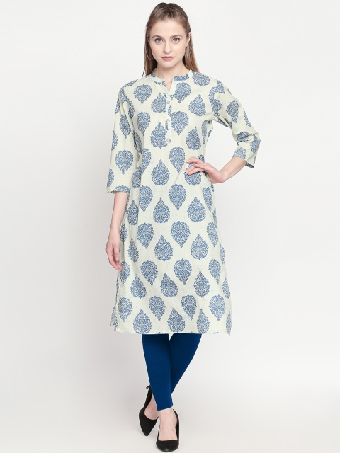 

ZRI Women Blue & White Printed Straight Calf-Length Kurta