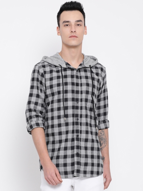

Oxolloxo Men Grey & Black Checked Casual Hooded Shirt