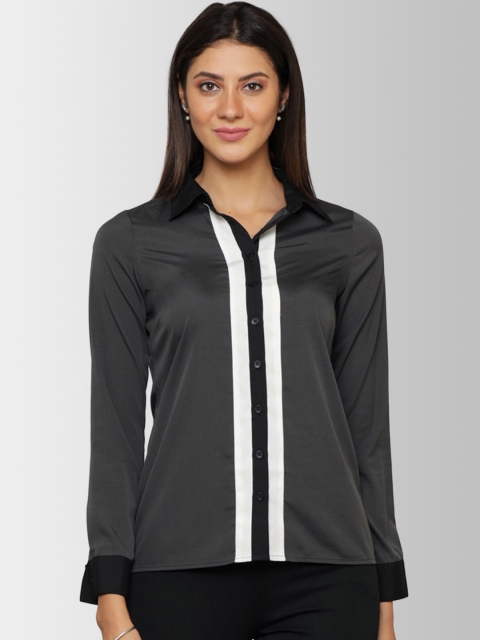 FableStreet Women Grey & White Regular Fit Striped Formal Shirt