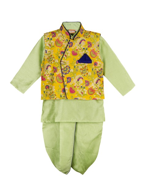 

KID1 Boys Yellow & Green Solid Kurta with Dhoti Pants & Nehru Jacket