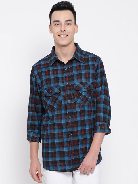 

Oxolloxo Men Blue & Black Checked Oxford Casual Shirt