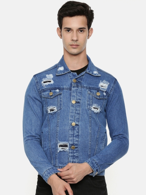 

CINOCCI Men Blue Solid Distressed Denim Jacket