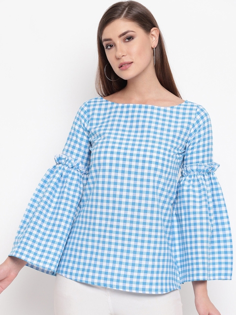 

FABNEST Women Blue & White Checked Pure Cotton Top