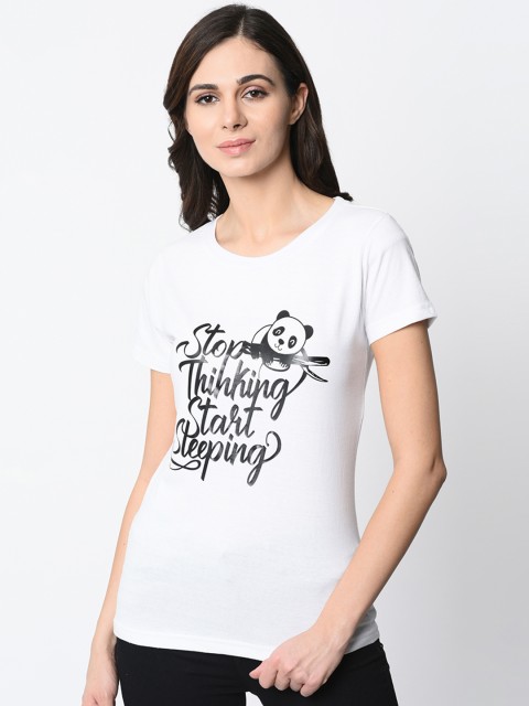 oneliner Women White Printed Slim Fit Round Neck T-shirt