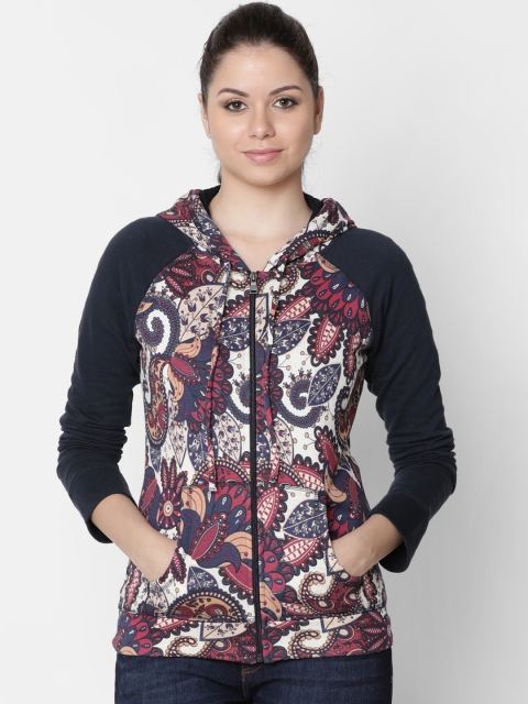 

Rute Women Navy Blue & Maroon Printed Hooded Sweatshirt