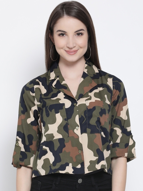 

Oxolloxo Women Khaki & Black Boxy Printed Casual Shirt