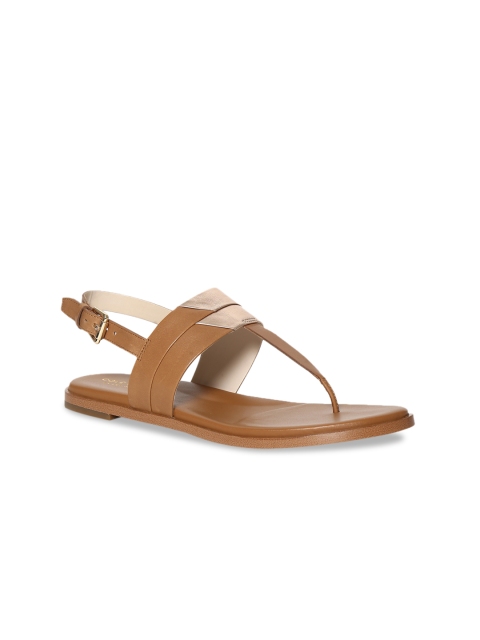 

Cole Haan Women Tan Colourblocked Leather T-Strap Flats