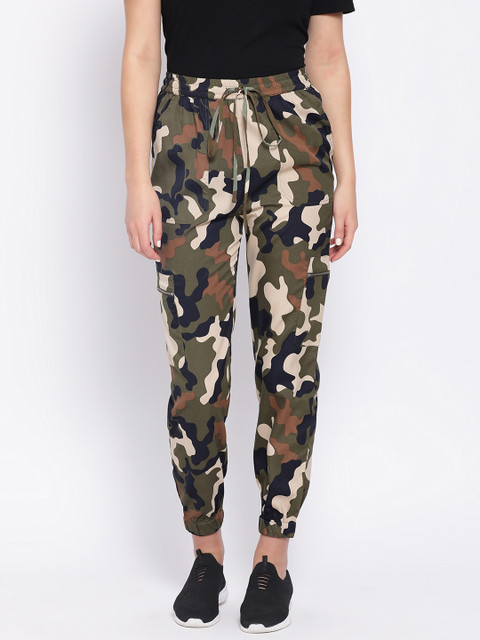 

Oxolloxo Women Olive Green & Black Regular Fit Printed Joggers