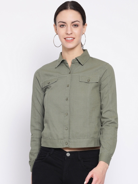 

Oxolloxo Women Olive Green Regular Fit Solid Casual Crop Shirt