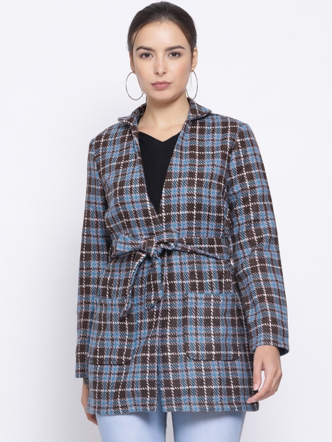 

Oxolloxo Women Blue & Black Checked Open Front Jacket
