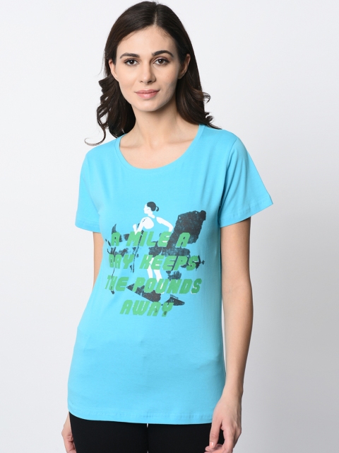 

oneliner Women Blue Printed Slim Fit Round Neck T-shirt