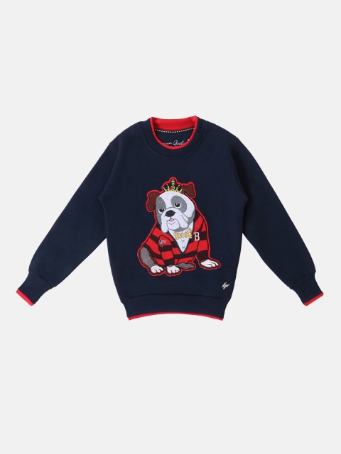 

Lil Tomatoes Boys Navy Blue & Red Self Design Sweatshirt