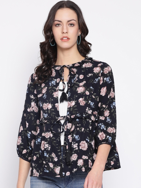 

Oxolloxo Women Black & Pink Printed Tie-Up Shrug