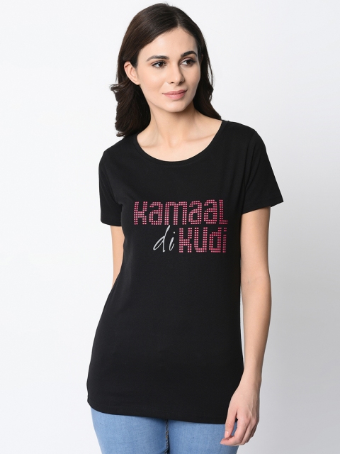 

oneliner Women Black Printed Round Neck T-shirt