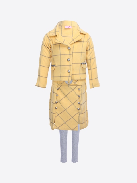 

CUTECUMBER Girls Yellow & Grey Checked Coat with Skirt and Leggings