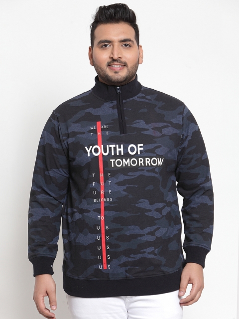 

plusS Men Black & Navy Blue Printed Camouflage Sweatshirt