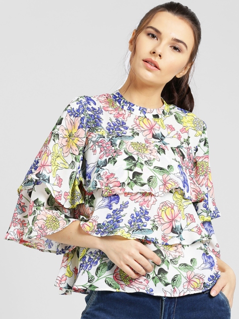 

MIWAY Women White & Blue Printed Tiered Top