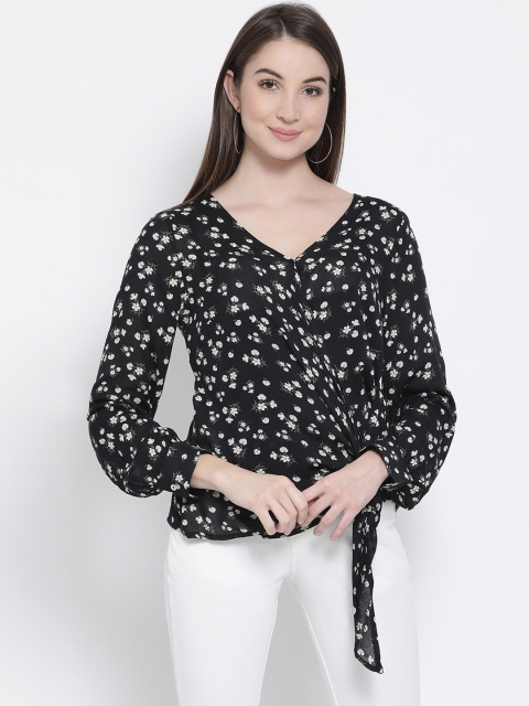 

Oxolloxo Women Black Floral Print Wrap Top