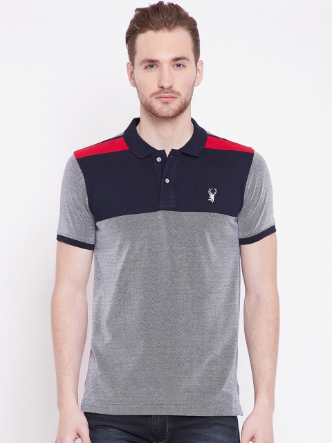 

PORTBLAIR Men Navy Blue & Grey Colourblocked Polo Collar T-shirt