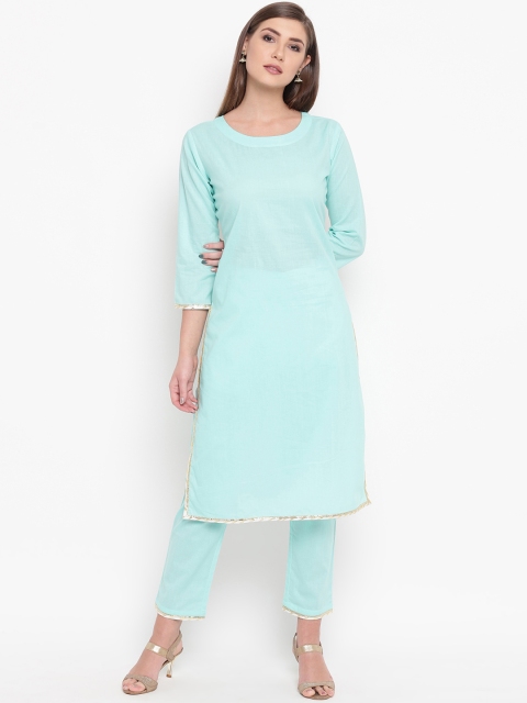 

FABNEST Women Turquoise Blue Solid Kurta with Trousers