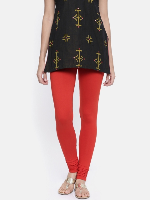 

Bitz Women Coral Red Solid Churidar-Length Leggings
