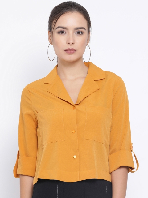 

Oxolloxo Women Mustard Yellow Boxy Solid Casual Crop Shirt