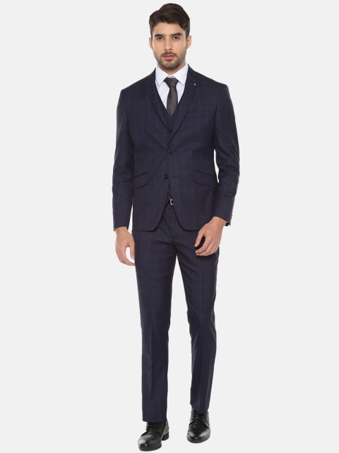 

V Dot Men Navy Blue & Red Checked Single-Breasted Formal Suit