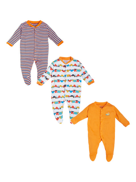 

BUMZEE Kids Pack of 3 Orange & White Printed Sleepsuits