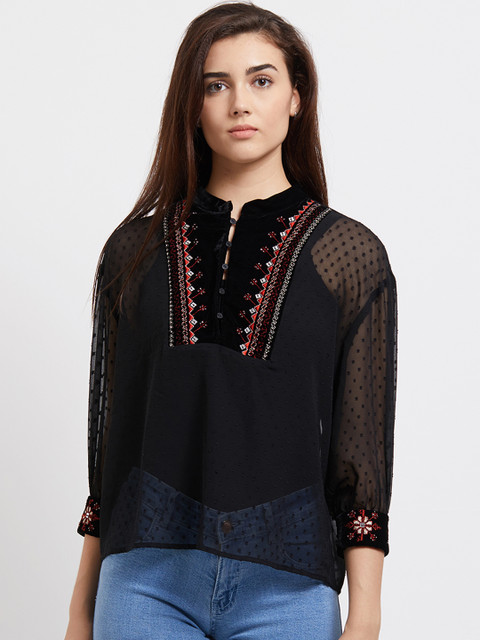 

109F Women Black Self Design Top