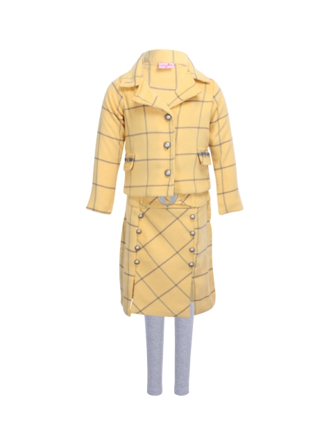 

CUTECUMBER Girls Yellow & Grey Checked Coat with Skirt and Leggings